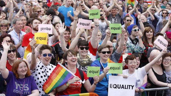 Yes supporters celebrate after as the first results start to filter through in the Irish referendum in Dublin, Ireland, Saturday, May 23, 2015. Ireland has voted resoundingly to legalize gay marriage in the world's first national vote on the issue, leaders on both sides of the Irish referendum declared Saturday even as official ballot counting continued. Senior figures from the no campaign, who sought to prevent Ireland's constitution from being amended to permit same-sex marriages, say the only question is how large the yes side's margin of victory will be from Friday's vote. - Sputnik International