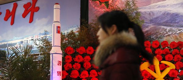 In this Feb. 15, 2016 file photo, a visitor at a flower festival walks past a model of North Korea's newest satellite Kwangmyongsong 4 on display - Sputnik International