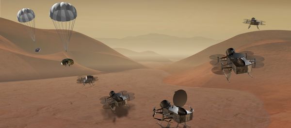 Dragonfly is a dual-quadcopter lander that would take advantage of the environment on Titan to fly to multiple locations, some hundreds of miles apart, to sample materials and determine surface composition to investigate Titan's organic chemistry and habitability, monitor atmospheric and surface conditions, image landforms to investigate geological processes, and perform seismic studies Dragonfly is a dual-quadcopter lander that would take advantage of the environment on Titan to fly to multiple locations, some hundreds of miles apart, to sample materials and determine surface composition to investigate Titan's organic chemistry and habitability, monitor atmospheric and surface conditions, image landforms to investigate geological processes, and perform seismic studies - Sputnik International