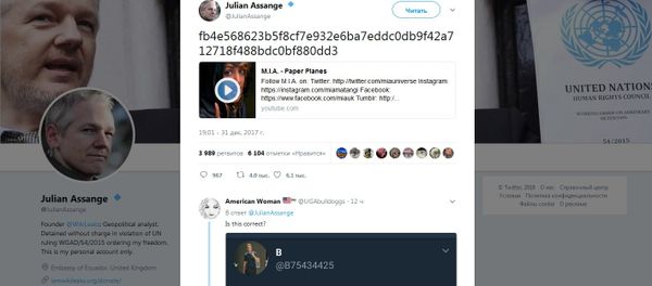 Screenshot of Assange's tweet Screenshot of Assange's tweet - Sputnik International