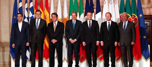 (L to R) Greek Prime Minister Alexis Tsipras, Spanish Prime Minister Mariano Rajoy, Cyprus President Nicos Anastasiades, Italian Prime Minister Paolo Gentiloni, French President Emmanuel Macron, Maltese Prime Minister Joseph Muscat and Portuguese Prime Minister Antonio Costa pose during a southern European Union nations meeting in Rome, Italy January 10, 2018 - Sputnik International