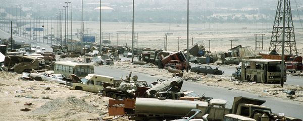 Demolished vehicles line Highway 80, also known as the Highway of Death, the route fleeing Iraqi forces took as they retreated fom Kuwait during Operation Desert Storm. Demolished vehicles line Highway 80, also known as the Highway of Death, the route fleeing Iraqi forces took as they retreated fom Kuwait during Operation Desert Storm. - Sputnik International