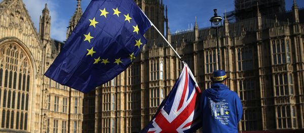 A pro-European Union,(EU), anti-Brexit demonstrator holds the EU and UK flags outside the Houses of Parliament, in central London on January 22, 2018 A pro-European Union,(EU), anti-Brexit demonstrator holds the EU and UK flags outside the Houses of Parliament, in central London on January 22, 2018 - Sputnik International