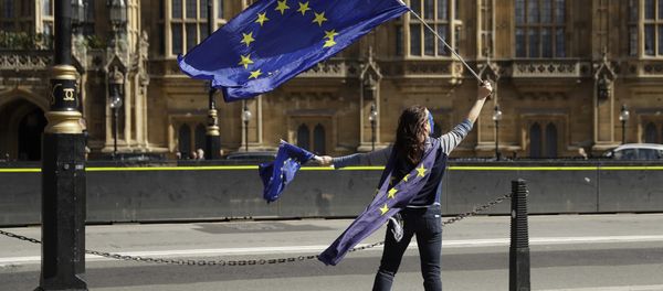 A pro-remain supporter of Britain staying in the EU, holds up an EU flag whilst taking part in an anti-Brexit protest outside the Houses of Parliament in London (File) A pro-remain supporter of Britain staying in the EU, holds up an EU flag whilst taking part in an anti-Brexit protest outside the Houses of Parliament in London (File) - Sputnik International