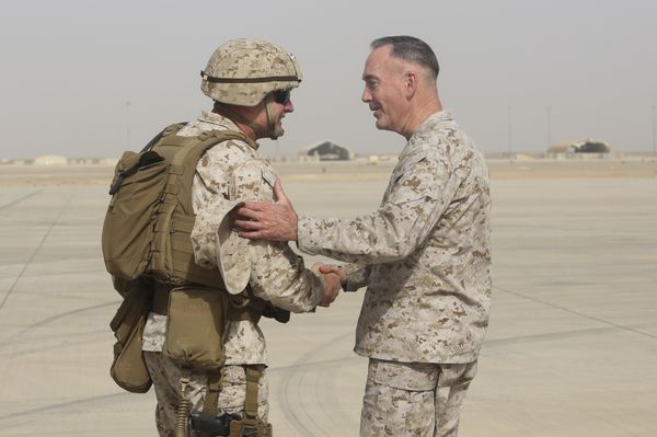 Brig. Gen. Roger Turner, left, commanding general of Task Force Southwest, greets Gen. Joseph F. Dunford Jr., chairman of the Joint Chiefs of Staff, at Bastion Airfield, Afghanistan, June 28, 2017 to reaffirm Department of Defense commitment to train, advise and assist Afghan missions Brig. Gen. Roger Turner, left, commanding general of Task Force Southwest, greets Gen. Joseph F. Dunford Jr., chairman of the Joint Chiefs of Staff, at Bastion Airfield, Afghanistan, June 28, 2017 to reaffirm Department of Defense commitment to train, advise and assist Afghan missions - Sputnik International