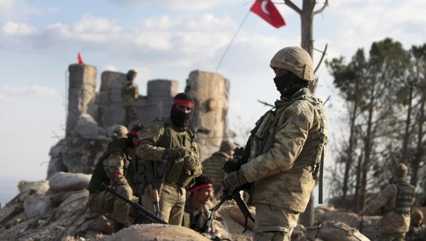 Pro-Turkey Syrian fighters and Turkish troops secure the Bursayah hill, which separates the Kurdish-held enclave of Afrin from the Turkey-controlled town of Azaz, Syria, Sunday, Jan. 28, 2018 - Sputnik International