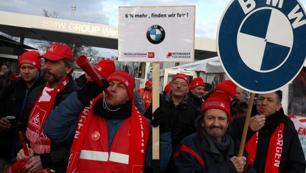 BMW workers during a 24-hour strike by German industrial trade union IG Metall in Berlin, Germany, February 2, 2018 BMW workers during a 24-hour strike by German industrial trade union IG Metall in Berlin, Germany, February 2, 2018 - Sputnik International