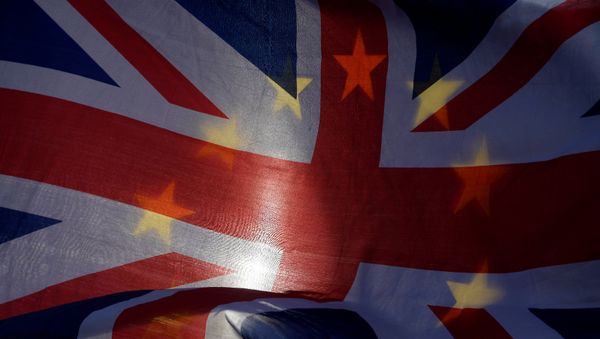 Anti-Brexit demonstrators wave EU and Union flags outside the Houses of Parliament in London, Britain, January 30, 2018 - Sputnik International