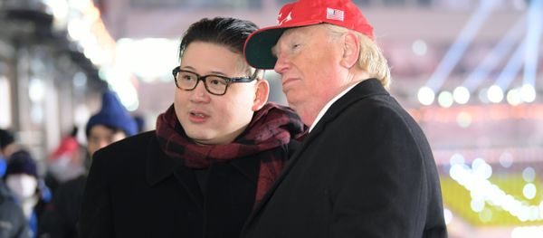 A man impersonating US President Donald Trump (R) and another impersonating Kim Jong-un pose in the stands during the opening ceremony of the Pyeongchang 2018 Winter Olympic Games at the Pyeongchang Stadium A man impersonating US President Donald Trump (R) and another impersonating Kim Jong-un pose in the stands during the opening ceremony of the Pyeongchang 2018 Winter Olympic Games at the Pyeongchang Stadium - Sputnik International
