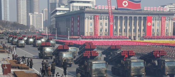 Military vehicles are seen at a grand military parade celebrating the 70th founding anniversary of the Korean People's Army at the Kim Il Sung Square in Pyongyang, in this photo released by North Korea's Korean Central News Agency (KCNA) February 9, 2018. - Sputnik International