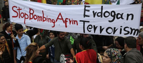 In this Friday, Jan. 26, 2018 file photo, Kurdish demonstrators, protest against the operation by the Turkish army aimed at ousting the U.S.-backed Kurdish militia from the area in Afrin, Syria, in Rabiyeh, east of Beirut, Lebanon. Syria’s Kurdish militia is growing frustrated with its patron, the United States, and is pressing it to do more to stop Turkey’s assault on Afrin. Their complaints reflect the differing agendas. The Kurds want to ensure their self-rule, while the U.S. wants them to focus on governing the territory they wrested from IS militants. - Sputnik International