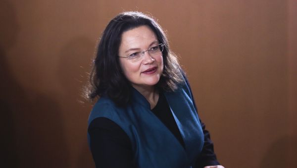 Andrea Nahles German Minister of Labor and Social Affairs arrives for thecabinet meeting of the German government after Sunday's general elections at the chancellery in Berlin, Wednesday, Sept. 27, 2017 Andrea Nahles German Minister of Labor and Social Affairs arrives for thecabinet meeting of the German government after Sunday's general elections at the chancellery in Berlin, Wednesday, Sept. 27, 2017 - Sputnik International
