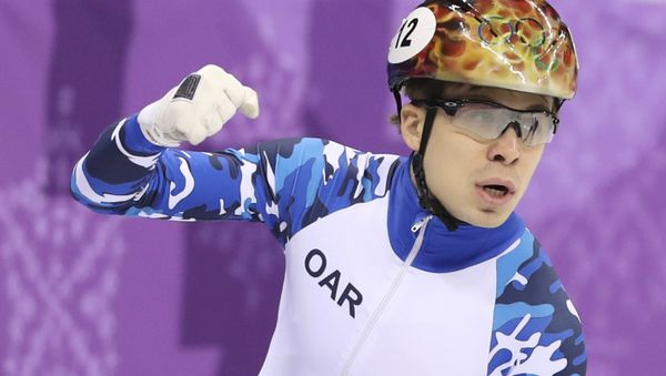 Short Track Speed Skating Events – Pyeongchang 2018 Winter Olympics – Men’s 1500m Semifinal – Gangneung Ice Arena - Gangneung, South Korea – February 10, 2018 - Semen Elistratov, Olympic athlete from Russia, reacts - Sputnik International