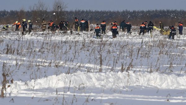Russian EMERCOM personnel in the Ramensky district of the Moscow region, where an An-148 passenger plane of the Saratov Airlines performing Flight 703 from Moscow to Orsk crashed on February 11, 2018. - Sputnik International