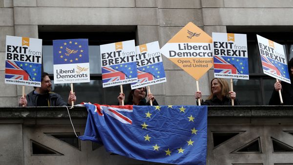 A number of pro-EU supporters protest outside the building where Britain's Foreign Secretary Boris Johnson delivers a speech on Brexit at the Policy Exchange in central London, Britain A number of pro-EU supporters protest outside the building where Britain's Foreign Secretary Boris Johnson delivers a speech on Brexit at the Policy Exchange in central London, Britain - Sputnik International
