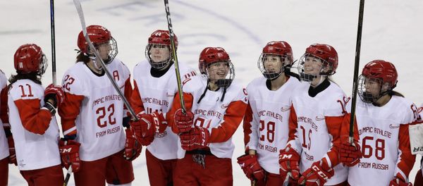 Ice Hockey - Pyeongchang 2018 Winter Olympics - Women's Quarterfinal Match - Olympic Athletes from Russia v SWI - Kwandong Hockey Centre, Gangneung, South Korea - February 17, 2018 - Olympic Athletes from Russia celebrate after defeating Switzerland - Sputnik International