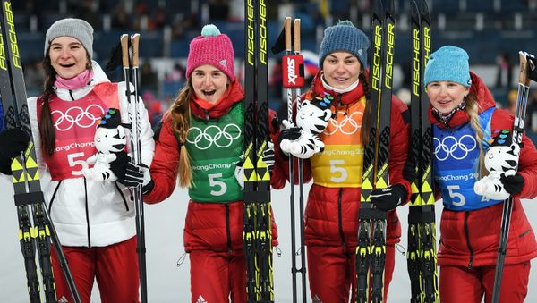Bronze medalists of the 4X5 km relay in women’s cross-country skiing at the XXIII Olympic Winter Games in Pyeongchang. From left: Olympic Athletes from Russia Natalya Nepryayeva, Yulia Belorukova, Anastasia Sedova and Anna Nechayevskaya - Sputnik International