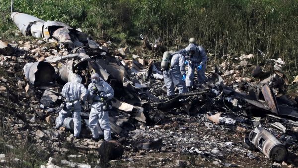 Israeli security forces examine the remains of an F-16 Israeli war plane near the village of Harduf, Israel February 10, 2018 - Sputnik International