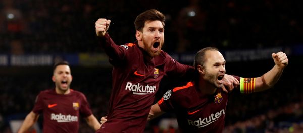 Soccer Football - Champions League Round of 16 First Leg - Chelsea vs FC Barcelona - Stamford Bridge, London, Britain - February 20, 2018 Barcelona’s Lionel Messi celebrates scoring their first goal with Andres Iniesta Soccer Football - Champions League Round of 16 First Leg - Chelsea vs FC Barcelona - Stamford Bridge, London, Britain - February 20, 2018 Barcelona’s Lionel Messi celebrates scoring their first goal with Andres Iniesta - Sputnik International