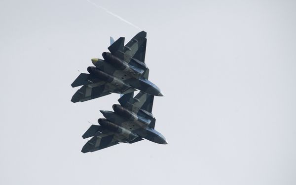 Russian Su-57 fifth-generation fighter aircrafts at the International Aviation and Space Salon MAKS-2017 Russian Su-57 fifth-generation fighter aircrafts at the International Aviation and Space Salon MAKS-2017 - Sputnik International