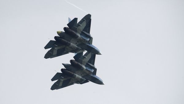 Russian Su-57 fifth-generation fighter aircrafts at the International Aviation and Space Salon MAKS-2017 Russian Su-57 fifth-generation fighter aircrafts at the International Aviation and Space Salon MAKS-2017 - Sputnik International
