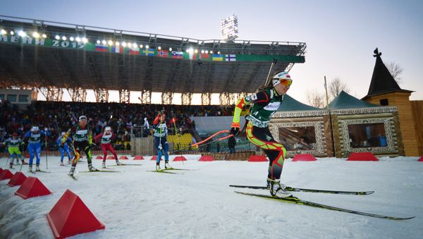 Belarus' Darya Domracheva during the mixed relay race at the 2015 Biathlon Champions Race during the Tyumen Region Governor Cup in Tyumen, Russia. File photo - Sputnik International