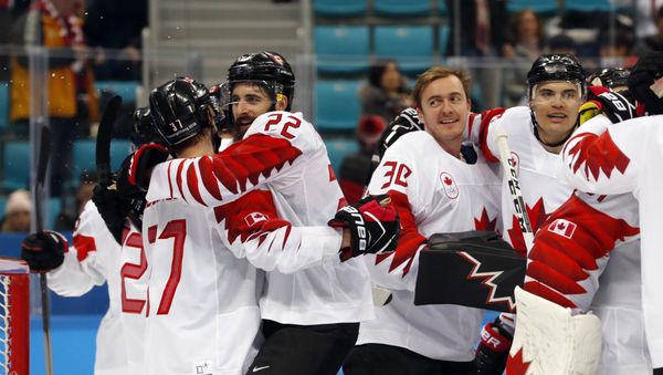 Ice Hockey - Pyeongchang 2018 Winter Olympics - Man’s Bronze Medal Match - Czech Republic v Canada - Gangneung Hockey Centre, Gangneung, South Korea - February 24, 2018 - Canada's players celebrate victory - Sputnik International