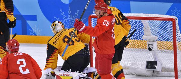From left: Frank Hordler (Germany), Ilya Kablukov (Russia) and Danny aus den Birken (Germany) during the final match between Russia and Germany in the men's ice hockey tournament at the 2018 Winter Olympics. - Sputnik International