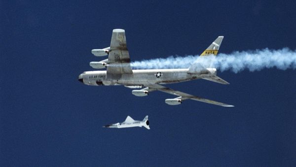 This 02 June 2001 image released late 04 June by NASA shows the X-43A hypersonic research aircraft and the Pegassus rocket motor being dropped by NASA's B-52B aircraft from the Dryden Research Center at Edwards Air Force Base in California This 02 June 2001 image released late 04 June by NASA shows the X-43A hypersonic research aircraft and the Pegassus rocket motor being dropped by NASA's B-52B aircraft from the Dryden Research Center at Edwards Air Force Base in California - Sputnik International