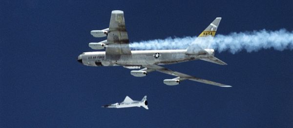 This 02 June 2001 image released late 04 June by NASA shows the X-43A hypersonic research aircraft and the Pegassus rocket motor being dropped by NASA's B-52B aircraft from the Dryden Research Center at Edwards Air Force Base in California - Sputnik International