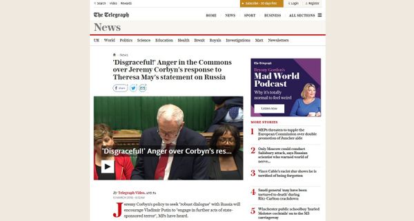 Screengrab of The Telegraph's attack on 'peacenik' Jeremy Corbyn. Screengrab of The Telegraph's attack on 'peacenik' Jeremy Corbyn. - Sputnik International