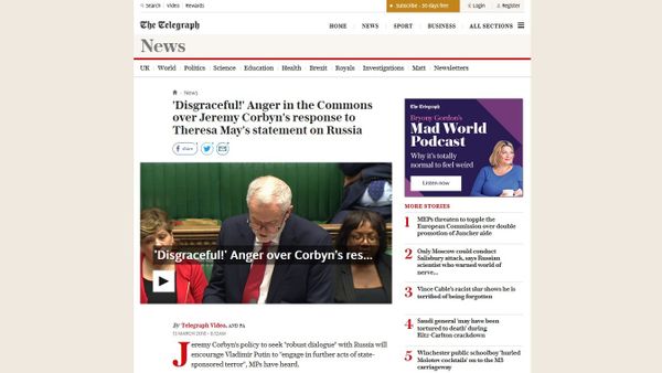 Screengrab of The Telegraph's attack on 'peacenik' Jeremy Corbyn. - Sputnik International