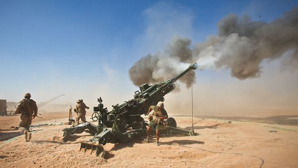 Marines with Charlie Battery, 1st Battalion, 12th Marine Regiment, fire an M982 Excalibur round from an M777 howitzer during a recent fire support mission Marines with Charlie Battery, 1st Battalion, 12th Marine Regiment, fire an M982 Excalibur round from an M777 howitzer during a recent fire support mission - Sputnik International