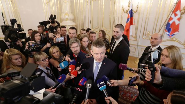 Slovak deputy Prime Minister Peter Pellegrini talks to the journalists after the meeting with President of Slovakia Andrej Kiska, at the Presidential Palace in Bratislava, Slovakia, March 15, 2018 - Sputnik International