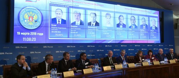 Preliminary results of the Russian presidential election shown on a screen at the information center of the Russian Central Election Commission. Fourth right: Ella Pamfilova, chairperson of the Russian Central Election Commission - Sputnik International