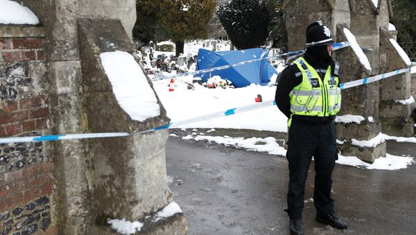 A police officer stands outside the London Road cemetery where the grave of Alexander Skripal; son of former Russian intelligence officer Sergei Skripal; is seen covered with a tent, in Salisbury, Britain - Sputnik International