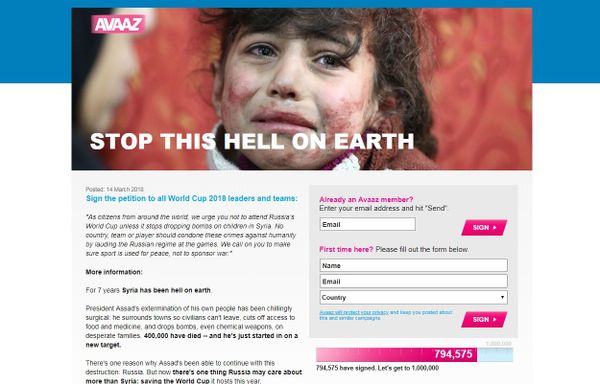 Screengrab of Avaaz' petition. Screengrab of Avaaz' petition. - Sputnik International