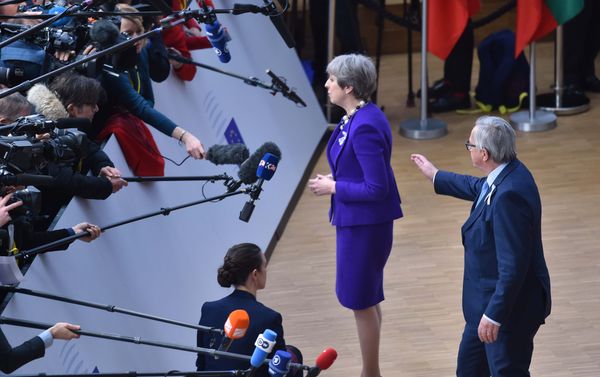 European Commission President Jean-Claude Juncker greets Britain's Prime Minister Theresa May at a European Union leaders summit in Brussels, Belgium, March 22, 2018. European Commission President Jean-Claude Juncker greets Britain's Prime Minister Theresa May at a European Union leaders summit in Brussels, Belgium, March 22, 2018. - Sputnik International