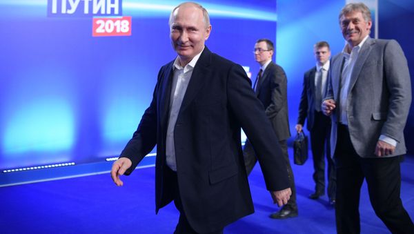 Russian President and presidential candidate Vladimir Putin visits his campaign headquarters. Right: Dmitry Peskov, presidential press secretary and deputy chief of the presidential executive office Russian President and presidential candidate Vladimir Putin visits his campaign headquarters. Right: Dmitry Peskov, presidential press secretary and deputy chief of the presidential executive office - Sputnik International