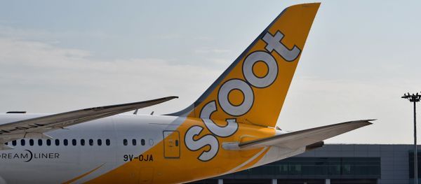 This photograph taken on March 28, 2018 shows the tail side of Scoot Airlines subsidiaries of Singapore Airlines (SIA) Boeing 787-900 aircraft at the terminal in Singapore Changi Airport - Sputnik International