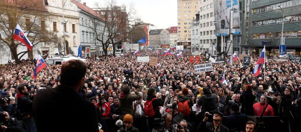 People attend a protest rally in reaction to the murder of Slovak investigative reporter Jan Kuciak and his fiancee Martina Kusnirova, in Bratislava, Slovakia April 5, 2018 - Sputnik International