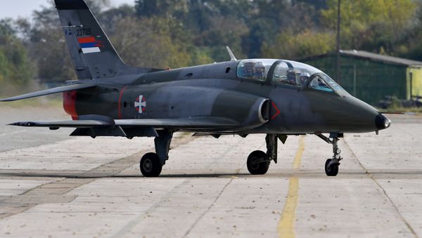 This file picture taken on October 13, 2016, shows a Serbian air force Super Galeb G-4 multi-purpose jet taxiing on the tarmac before a flight during the joint Russian-Serbian military exercises BARS (Brotherhood of Aviators of Russia and Serbia) 2016, at the military airport Batajnica, near Belgrade This file picture taken on October 13, 2016, shows a Serbian air force Super Galeb G-4 multi-purpose jet taxiing on the tarmac before a flight during the joint Russian-Serbian military exercises BARS (Brotherhood of Aviators of Russia and Serbia) 2016, at the military airport Batajnica, near Belgrade - Sputnik International