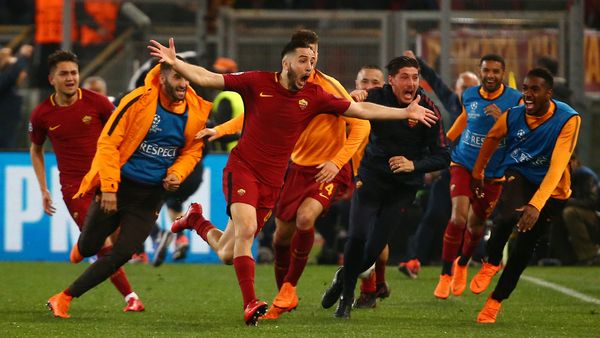 Soccer Football - Champions League Quarter Final Second Leg - AS Roma vs FC Barcelona - Stadio Olimpico, Rome, Italy - April 10, 2018 Roma's Konstantinos Manolas celebrates scoring their third goal with team mates - Sputnik International
