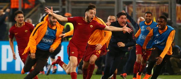 Soccer Football - Champions League Quarter Final Second Leg - AS Roma vs FC Barcelona - Stadio Olimpico, Rome, Italy - April 10, 2018 Roma's Konstantinos Manolas celebrates scoring their third goal with team mates Soccer Football - Champions League Quarter Final Second Leg - AS Roma vs FC Barcelona - Stadio Olimpico, Rome, Italy - April 10, 2018 Roma's Konstantinos Manolas celebrates scoring their third goal with team mates - Sputnik International