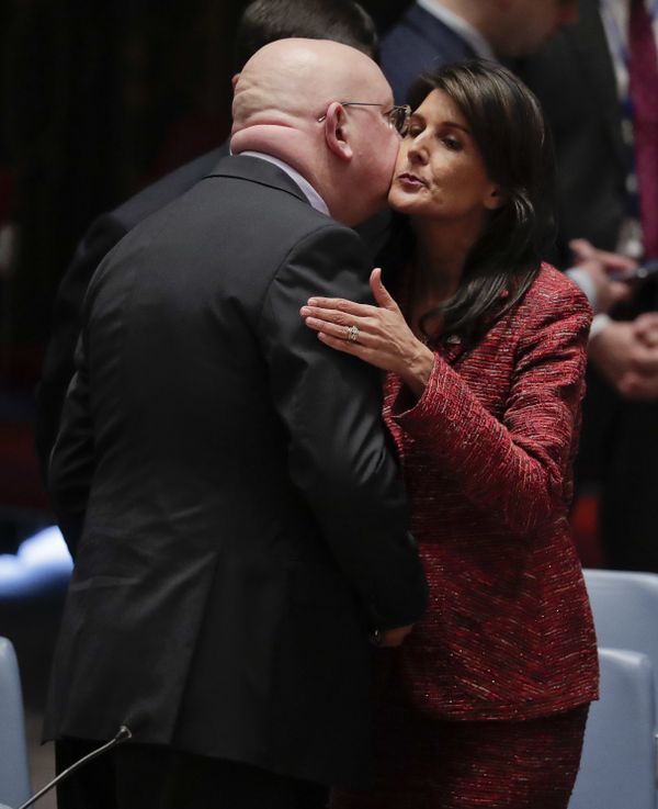 Russian Ambassador to the United Nations Vasily Nebenzya, left, and United States Ambassador to the U.N. Nikki Haley exchange greetings before a Security Council meeting, Tuesday, April 10, 2018, at U.N. headquarters Russian Ambassador to the United Nations Vasily Nebenzya, left, and United States Ambassador to the U.N. Nikki Haley exchange greetings before a Security Council meeting, Tuesday, April 10, 2018, at U.N. headquarters - Sputnik International