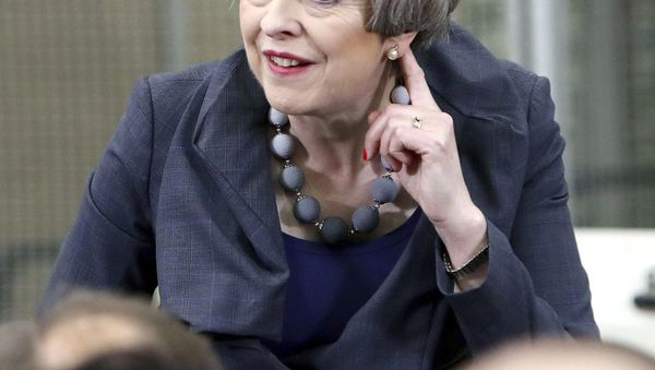 Britain's Prime Minister and Conservative party leader Theresa May gestures as she delivers a speech at Ultima Furniture, while on the General Election campaign trail, in Pontefract, West Yorkshire, England, Thursday June 1, 2017. - Sputnik International