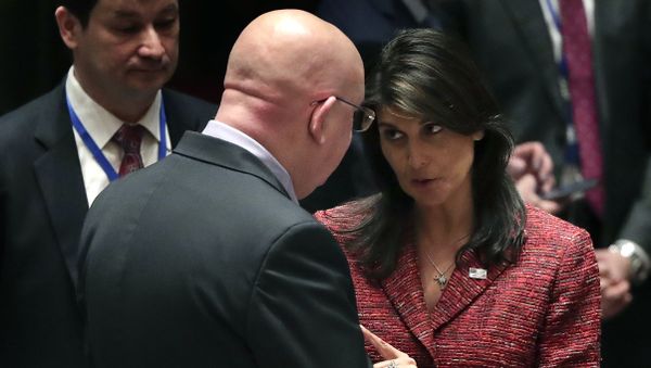 United States Ambassador to the United Nations Nikki Haley, right, talks with Russian Ambassador to the United Nations Vasily Nebenzya before a Security Council meeting, Tuesday, April 10, 2018, at United Nations headquarters United States Ambassador to the United Nations Nikki Haley, right, talks with Russian Ambassador to the United Nations Vasily Nebenzya before a Security Council meeting, Tuesday, April 10, 2018, at United Nations headquarters - Sputnik International