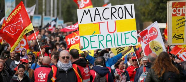 French railway employees and CGT labour union members demonstrate against government reforms in Nantes, France, April 14, 2018. Placard reads, Macron you've derailed French railway employees and CGT labour union members demonstrate against government reforms in Nantes, France, April 14, 2018. Placard reads, Macron you've derailed - Sputnik International