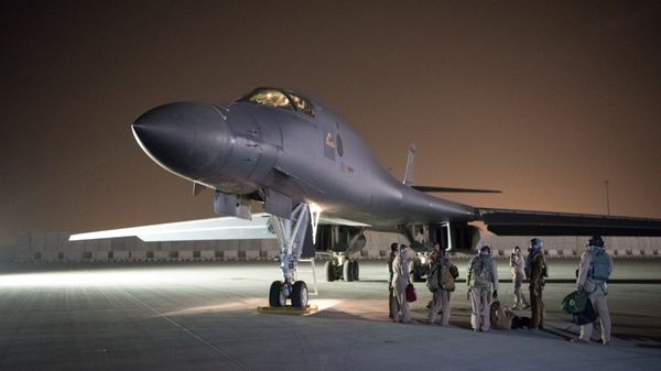 A U.S. Air Force B-1B Lancer and crew, being deployed to launch strike as part of the multinational response to Syria's use of chemical weapons, is seen in this image released from Al Udeid Air Base, Doha, Qatar on April 14, 2018 A U.S. Air Force B-1B Lancer and crew, being deployed to launch strike as part of the multinational response to Syria's use of chemical weapons, is seen in this image released from Al Udeid Air Base, Doha, Qatar on April 14, 2018 - Sputnik International
