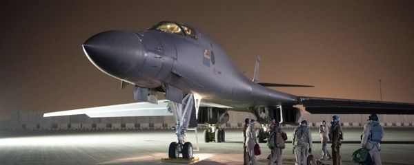 A U.S. Air Force B-1B Lancer and crew, being deployed to launch strike as part of the multinational response to Syria's use of chemical weapons, is seen in this image released from Al Udeid Air Base, Doha, Qatar on April 14, 2018 - Sputnik International